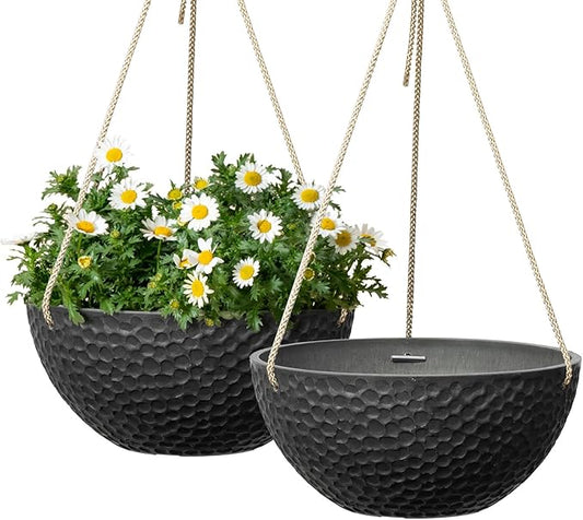 LA JOLIE MUSE Hanging Planters for Indoor Plants, Medium Hanging Planters with Drain Holes, Outdoor Hanging Flower Pots, Matte Black, Honeycomb (10 Inch, Set of 2)