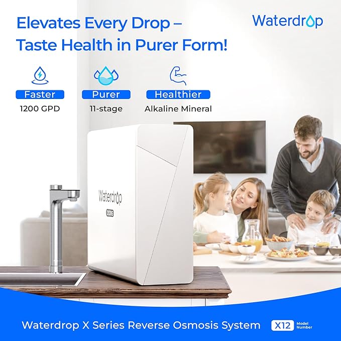 Waterdrop X12-Alkaline Mineral pH+ Reverse Osmosis System, NSF/ANSI 42&58&372 Certified, 1200 GPD RO Water Filter, 11-Stage Filtration Tankless RO System, 3:1 Pure to Drain, UnderSink, BPA Free