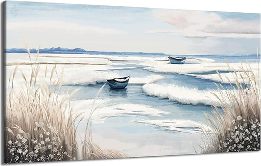 amatop Extra Large Wall Art for Living Room –Big Coastal Beach Minimalist Canvas Artwork with Sailboat Ocean Waves and Reeds Nautical Seascape Picture for Bedroom Decor Blue58x29 Inch