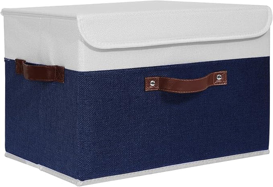 ANMINY Storage Boxes with Lids Washable Decorative Storage Bins Basket with PU Leather Handle Foldable Linen Fabric Storage Cubes Containers for Home Closet Organizer - Deep Blue White, Large Size