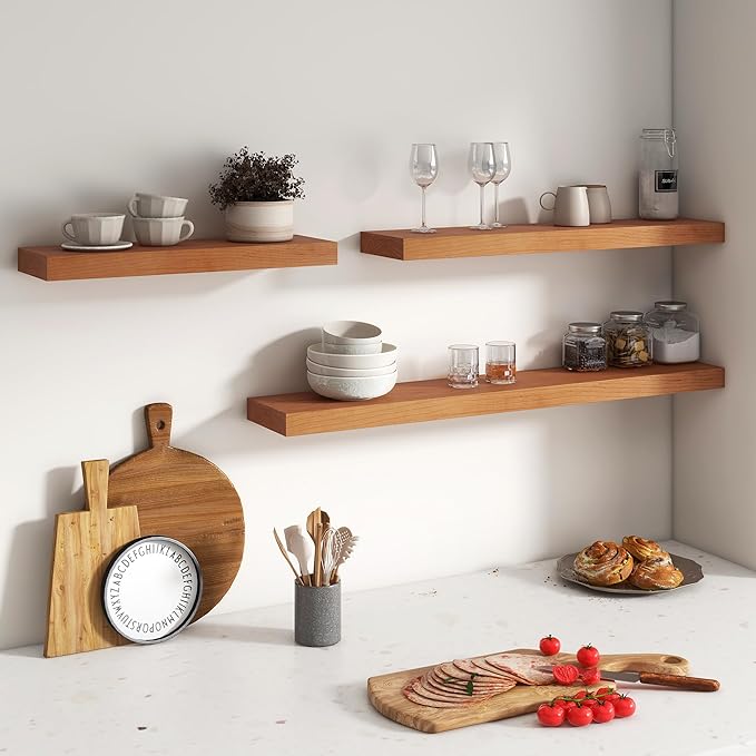 Floating Shelves for Wall, USA-Sourced Cherry Wood 24 Inch Wall Shelves Set of 2, Natural Wooden Wall Mounted Picture Ledge Shelf, Nursery Book Storage Shelf Kids Bookshelf, Display Shelf for Bathroom