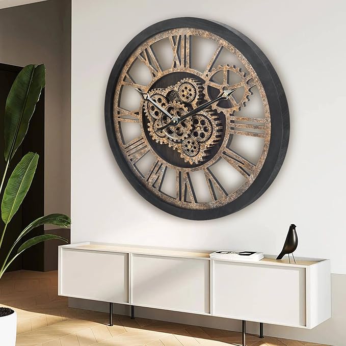 HOIBAI Large Wall Clock, 24 Inch Wall Clocks for Living Room Decor Farmhouse Vintage Rustic Kitchen Wall Decor Vintage Roman Big Oversized Wall Clock for Home Bedroom House Office, Moving Gears Clock