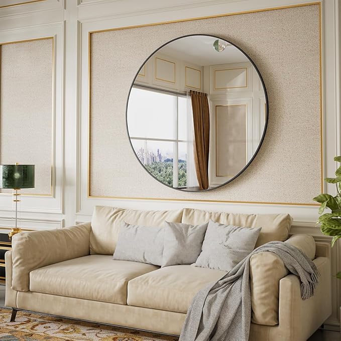 BEAUTYPEAK 42 Inch Round Mirror, Metal Frame Circle Mirror, Wall Mounted for Entryway, Bathroom, Vanity, Living Room, Black