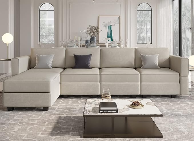 Belffin Modular Sectional Sofa Couch with Reversible Chaise Velvet L Shaped Couch with Storage 4-seat Convertible Sofa Grey…