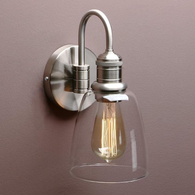 Yosoan 1-Light Brass Modern Vintage Indoor Wall Sconce, Vanity Single Luxury Hardwired Retro Textured Clear Oval Cone Glass Shade with Industrial Gooseneck Curved Rod Bathroom Lamp(Brushed)