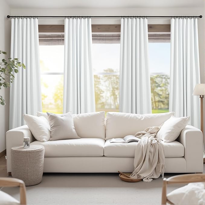 Farmhouse Linen Blackout Curtains for Living Room 96 Inches Long 2 Panel Back Tab Pleated Sun Heat Light Blocking Thermal Viral Cute Bedroom Drapes for Patio Sliding Doors Floor Length Off White Ivory