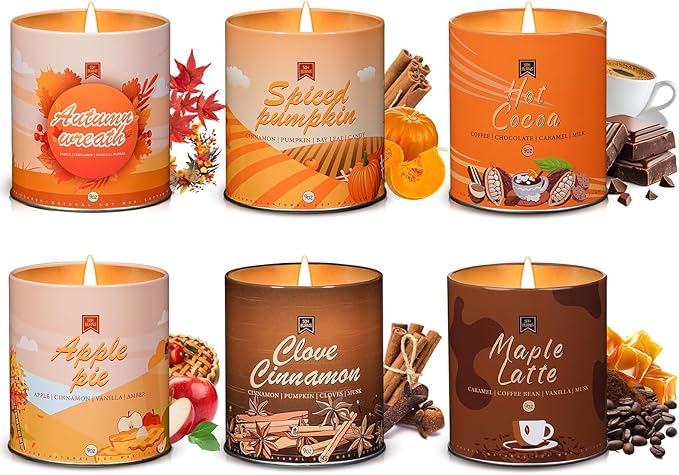 Set of 6 Fall Scented Candles 9 oz Aromatherapy Non Toxic Soy Wax Birthday Candles for Halloween Christmas Easter, Birthday Gifts for Women Men Back to School Gifts for Students, 6 Warmful Scents
