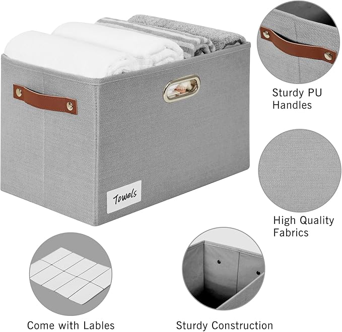 Large 3-Pack Foldable Fabric Storage Bins with Durable PU & Metal Handles, Collapsible Storage Baskets for Shelves, Home Storage, Closet Organizers, Living Room(14.9"x9.8"x9.8", Grey)