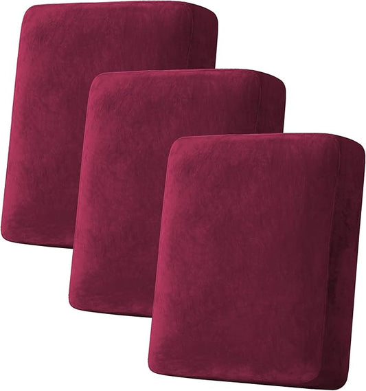 H.VERSAILTEX Velvet Stretch Couch Cushion Cover Plush Cushion Slipcover for Chair Loveseat Sofa Cushion Furniture Protector Seat Cushion Sofa Cover (3 Piece Sofa Cushion Covers, Burgundy)