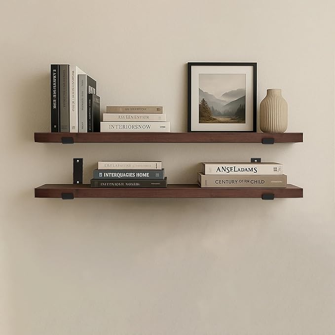 CONSDAN Floating Shelves for Wall Mounted Book Shelf Hanging Shelves Floating Bookshelf for Bedroom, Bathroom, Living Room, Kitchen USA Grown Solid Hardwood, Dark Maple 48x7.5x1.5 in (Set of 2)