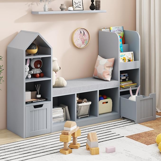 Vabches Toy Storage Organizer for Kids Bookshelf with Reading Nook, Multifunctional Bookcase with 7 Storage Cubbies, 2 Movable Drawers and Seat Cushion for Keeping Kids' Toys Books Organized, Grey