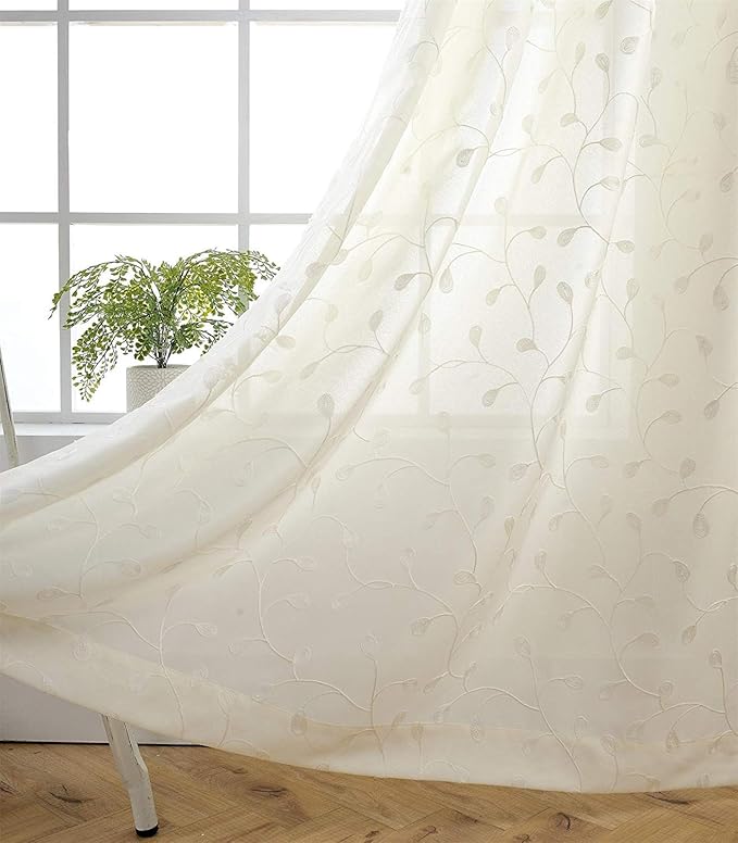 MIUCO Floral Embroidered Semi Sheer Curtains Faux Linen Grommet Curtains for Girls Room 52 x 84 Inch Set of 2, Off White
