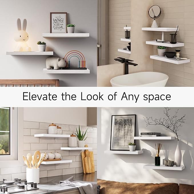 BAYKA Floating Shelves for Wall – Rustic Wood Wall Shelves with Metal Brackets for Bathroom, Bedroom, Kitchen, or Living Room Decor – White, Set of 3, Sturdy Storage with 22lb Capacity