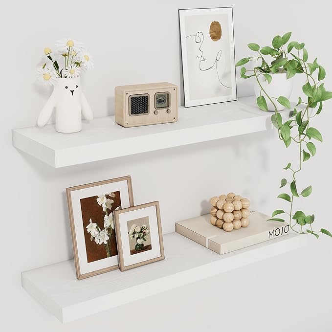 Fun Memories Floating Shelves for Wall, 22.5" Rustic Wood Deep Wall Mounted Shelves with Invisible Brackets for Decor & Storage, Floating Shelf for Living Room, Bathroom (White, Set of 2)