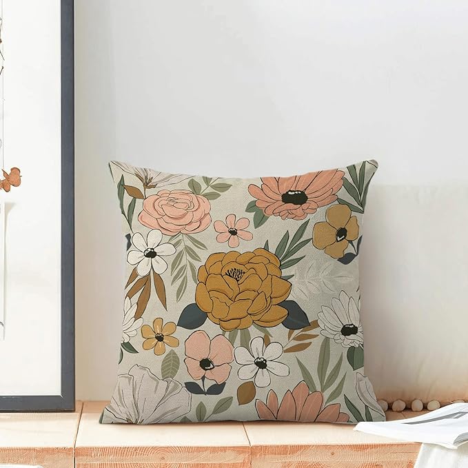CXMEIFLY Spring Floral Pillow Covers 20 x 20 Inch Set of 2 for Vintage Mustard Yellow Pink Flowers Decor Throw Pillows Plant Cream Outdoor Decorative Cushion Cases for Couch Bed Decorations
