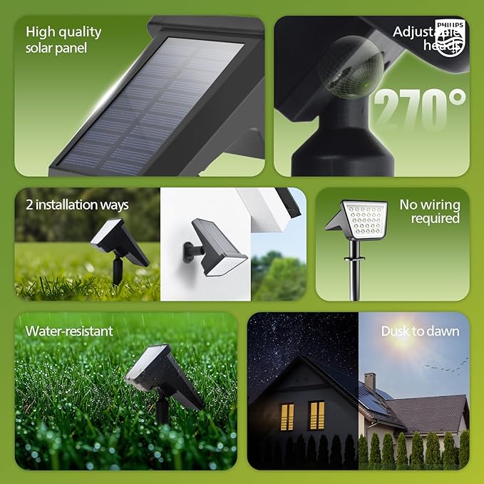 Philips 6 Packs Solar Spot Lights Outdoor Waterproof, 28 LED 7500K Solar Powered Landscape Pathway Lights, Dusk to Dawn Solar Spotlights for Garden, Yard, Lawn, Walkway, Driveway