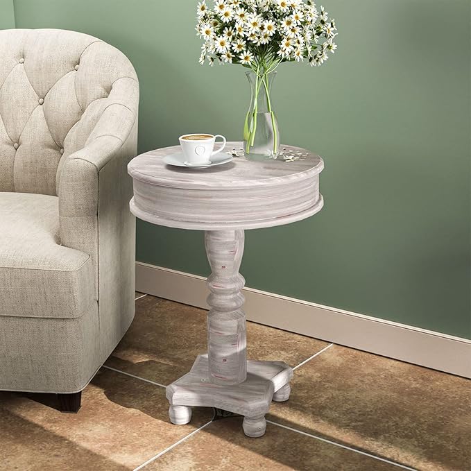 COSIEST Set of 2 Rustic Accent Side Table, Farmhouse Wood Pedestal Table Round End Table for Living Room, Bedroom, Distressed Whitewash Finish, Grey Color
