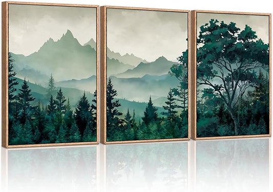 HLNIUC Green Foggy Forest Framed Canvas Wall Art Set,Watercolor Boho Pine Tree Wall Decor,Modern Misty Mountain Scenery Art Print,Nature Landscape Wall Painting for Living Room,Bedroom - 16”x24”x3