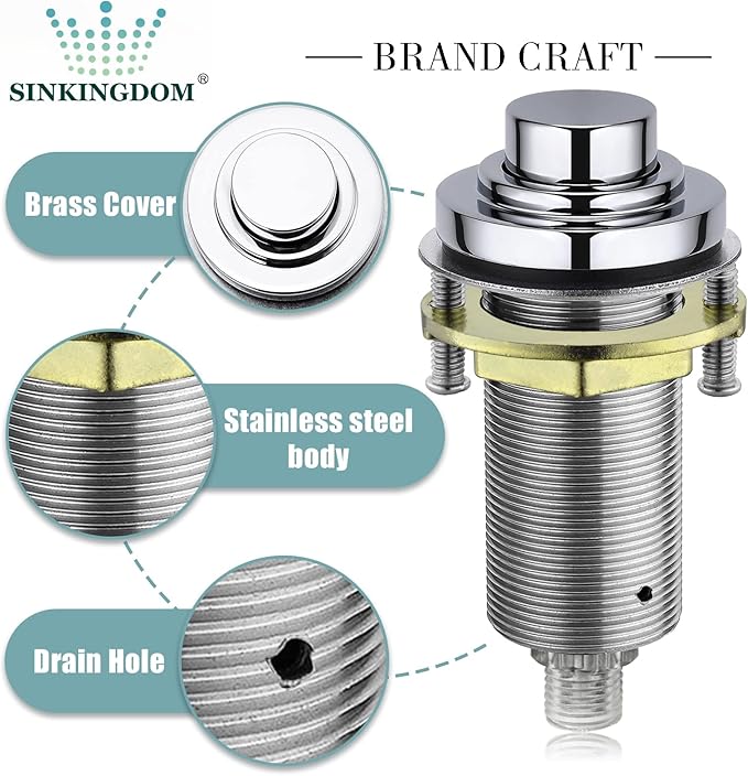 SinkTop Air Switch Kit (Long Full Brass Button) for Garbage Disposal, Cordless Chrome