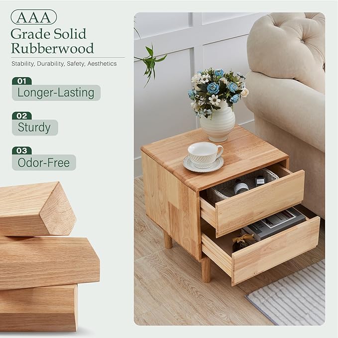 Modern Solid Wood Nightstand with Drawers - Mid Century Modern 2 Drawer Natural Wooden Small Narrow Nightstand Bedside Side End Table with Storage for Living Room Bedroom, 15.7" D x 17.1" W x 19.6" H
