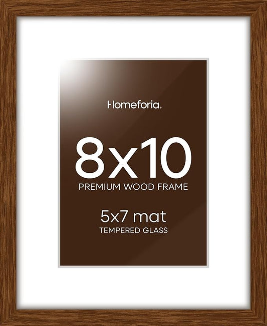 Homeforia 8x10 Picture Frame Brown, High End Dark Oak 8 x 10 Walnut Wooden Frames with Mat 5 by 7 Photo, 8x10 Wood Frame Matted to 5x7 Print, Wall or Tabletop Frame, Tempered Glass, Wall Kit, Set of 1