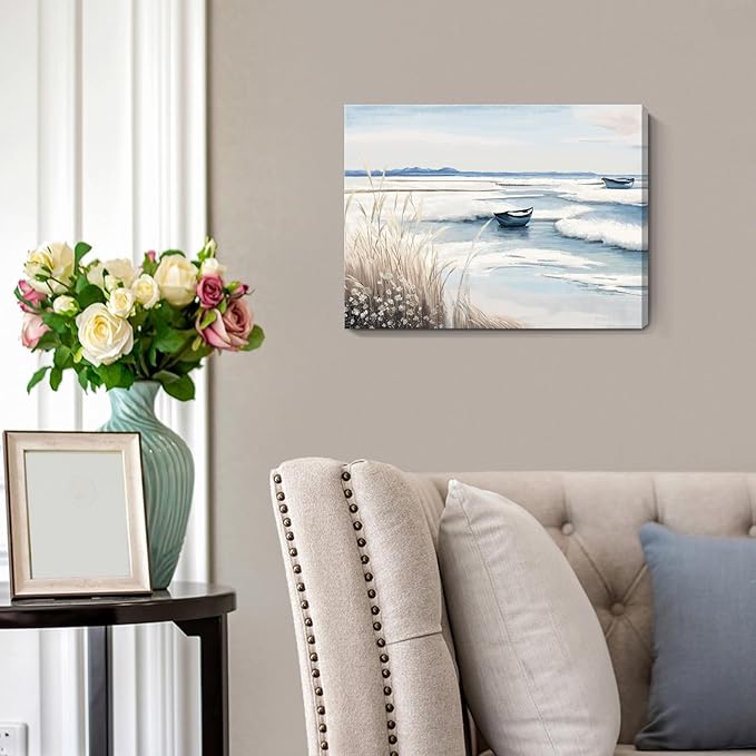 amatop Coastal Wall Art - Nautical Ocean Canvas Print with Light Blue & White Seascape, Boat, Reeds - Beach Picture for Modern Farmhouse, Lake House, Bedroom, Bathroom, Beach-Themed Artwork，16x12