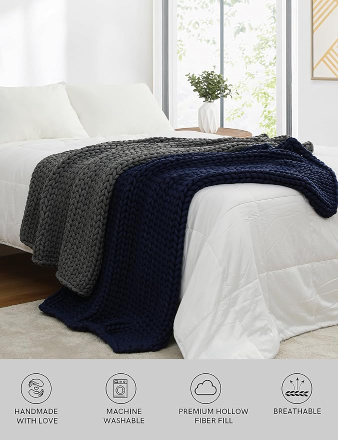 YnM Chunky Throw Blanket, Medium-Weight, Hand Knitted, Skin Friendly, Ventilated and Breathable, Machine Washable, Home Décor Piece for Couch, Sofa and Bed (Charcoal Grey, 50x70 Inch)