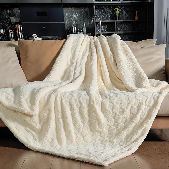 Pawque Super Soft Cozy Throw Blanket Queen Size for Couch Bed, Fluffy Sherpa Fleece Reversible Thick Warm Fuzzy Blanket for All-Season, 3D Checkered Jacquard Decorative Blankets, Cream White, 90"x90"