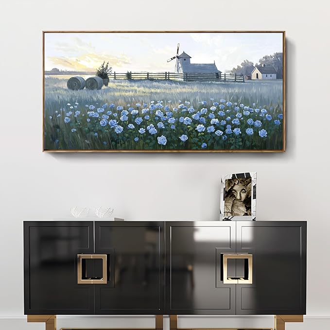 amatop Large Framed Country Landscape Wall Art – Blue Floral Canvas Art Print Vintage Rustic Farmhouse Picture Sunset Nature Artwork Wall Decor for Bedroom Dining Room Office Entryway 48x24 Inch