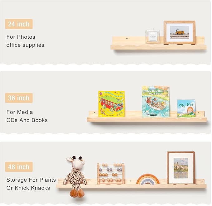 Fun Memories Picture Ledge Shelf for Wall, 48 inch Pine Wood Nursery Book Shelves Set of 2- Wall Book Shelves for Kids Room, Home Decor - Kitchen Spice-Natural