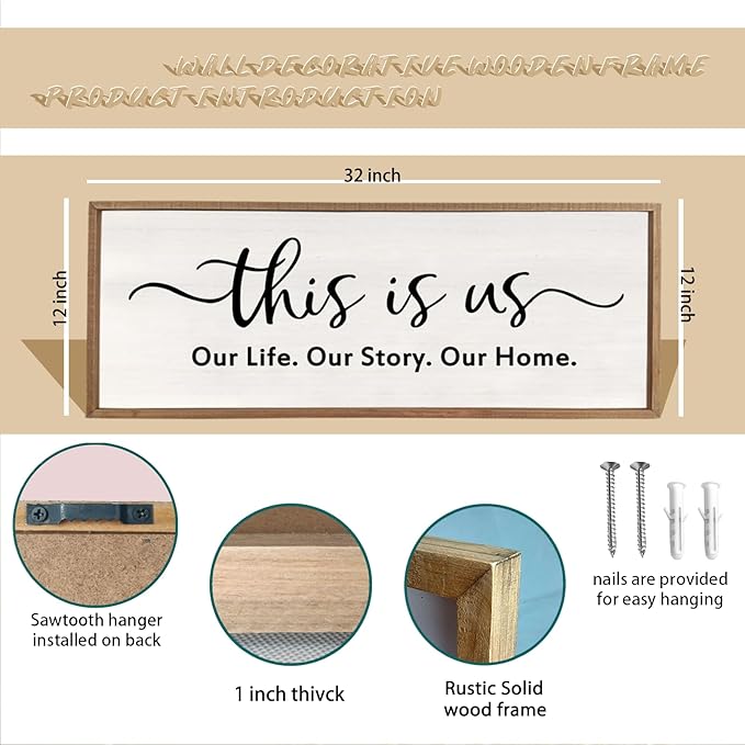 This is us Wall Decor Sign 32'' x 12'' Large Master Bedroom Home Life Story Wood Framed Vintage Family Sign Rustic Plaque Living Room Minimalist Farmhouse Hanging Wall Art (Wood)