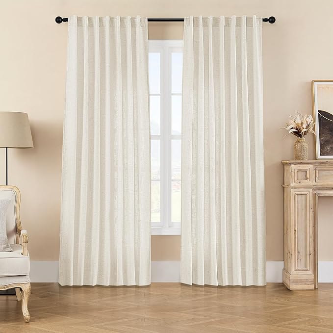 Joydeco Linen Curtains 2 Panel Set,Light Filtering, Ivory on Linen Curtains 96 Inch Curtains for Living Room, Cream Drapes 96 Inches Long Rod Pocket Back Tab Curtains (96" L x 100" W)