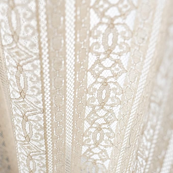 Sutuo Home Boho Curtain Crochet Lace Semi-Sheer Florals Hollow Knitted Handmade Tassels, Rod Pocket Window Treatment Vintage Rustic Farmhouse Drapes for Living Bedroom, 1 Panel 59" W x 96" L, Beige
