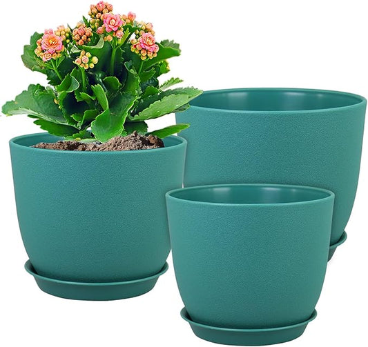 9/8/7.5 inch Flower Pots, 3 Pack Modern Plastic Planters with Drainage Holes and Trays for House Plants, Plant Pots for Indoor Outdoor Plants, Blue Green