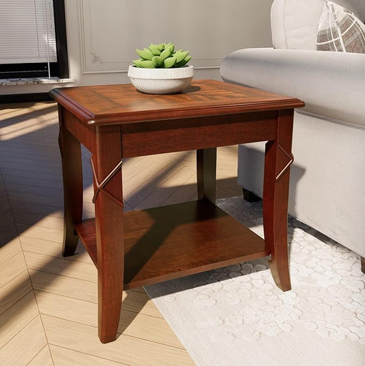 Solid Wood End Table with Storage Shelf, Vintage Rectangle Sofa Side Table with Splicing Tabletop and Carved Leg, BesideTelephone Table Cherry Brown,19.7 * 17.7 * 19.7in CJZ-DR200