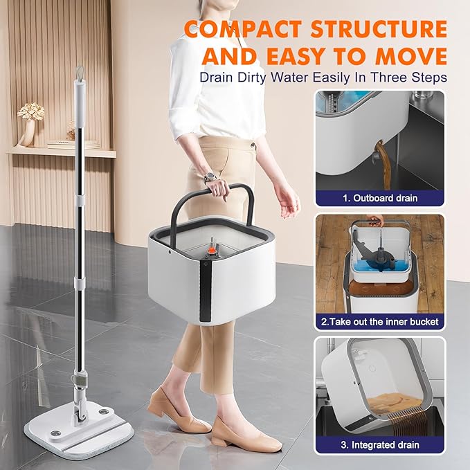 Upgraded Spin Mop and Bucket Self-Standing Mop Bucket Separate Dirty and Clean Water System Self Wringing 360° Rotating Clean Mop and Bucket Set (Light Gray, 14Pads Mop and Bucket Set)