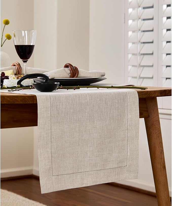 Solino Home Linen Light Natural Table Runner 60 Inches - Classic Hemstitch, 100% Pure Linen Coffee Table Runner 14 x 60 Inch Ideal for Dresser Tables - Fall, Autumn, Halloween, Thanksgiving