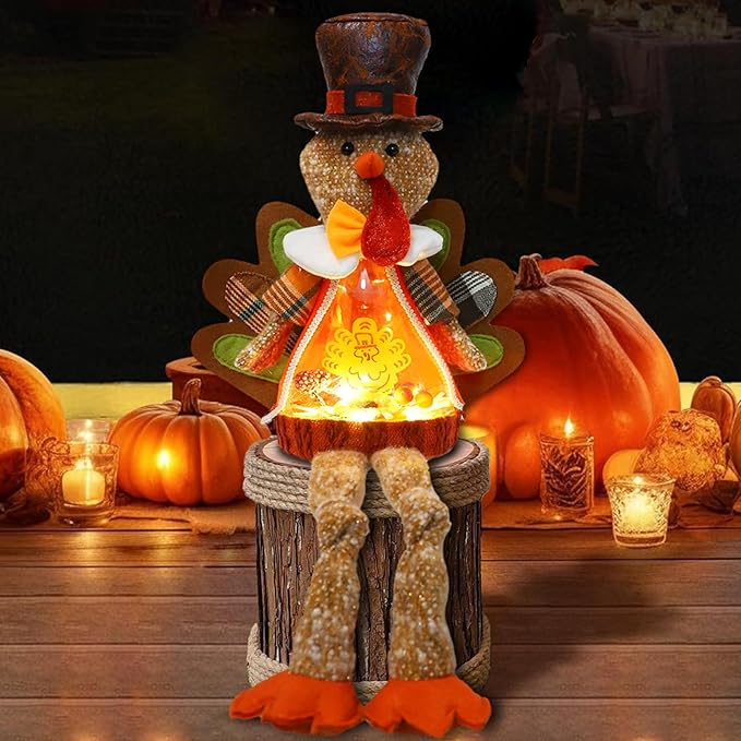Lighted Christmas Doll, Plush Light Up Christmas Doll Toy Holiday Present, Battery Operated Xmas Gifts Winter Mantle Tabletop Decor (Brown Thanksgiving Turkey 16in)