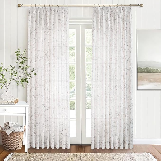 Pink Floral Pinch Pleated Linen Curtains - 2 Panels of Privacy Light-Filtering Printed Curtains Suitable for Dining Rooms and Farmhouses.84 Inches Wide by 102 Inches Long