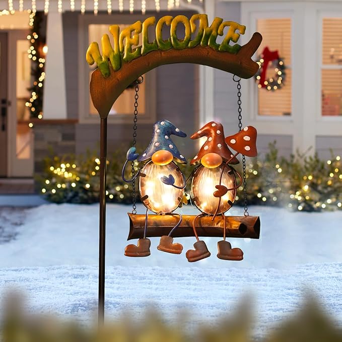 HONGLAND Gnome Garden Decor with Solar Lights, Funny Gnomes Swing Outdoor Decor, Gardening Gifts for Women Mom, Gnomes Yard Decorations with Welcome Sign for Lawn Porch Backyard Patio