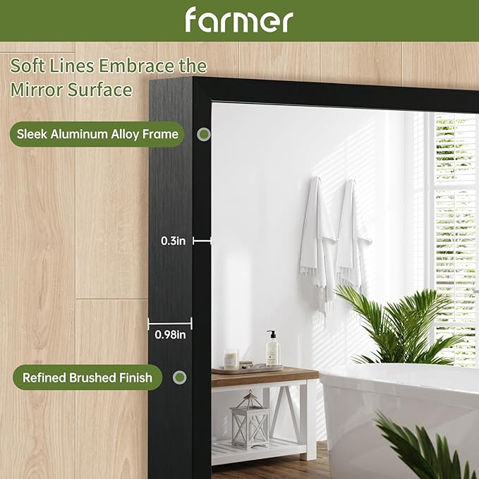 FARMER 24x36 Inch Black Bathroom Mirror, Rectangle Wall Mounted Mirror, Vanity Mirror, Brushed Square Mirror, Framed Bathroom Mirror for Bedrooms, Entryways, Living Rooms, Horizontal/Vertical