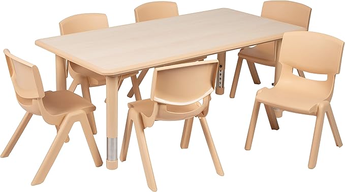 EMMA + OLIVER 23.625" W x 47.25" L Rectangle Natural Plastic Activity Table Set with 6 Chairs