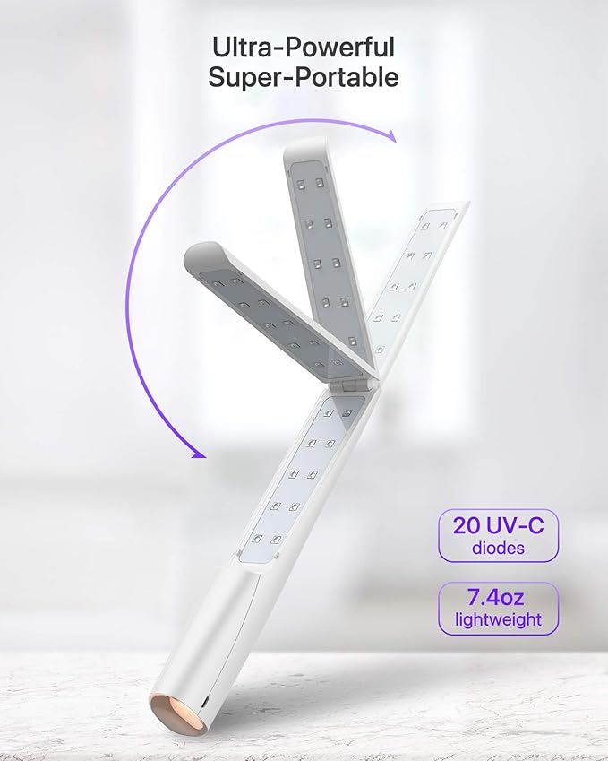 UV Light Sanitizer Wand, Portable UVC Light Disinfector Lamp Chargable Foldable UV Wand for Home Hotel Travel with 20 UV-C LED Beads