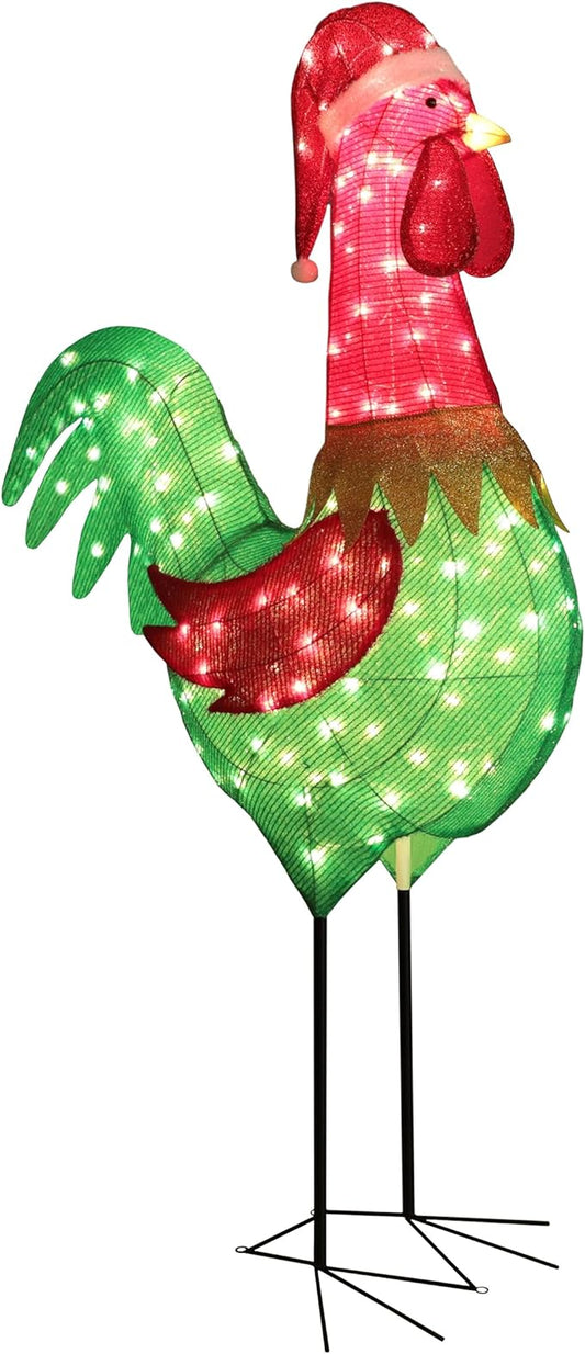 6FT Lighted Rooster with Christmas Hat for Outdoor Christmas Decorations, 3D Pre-Lit Iridescent Rooster Xmas Decor, Glittered Standing Holiday Display Rooster for Outdoor, Indoor
