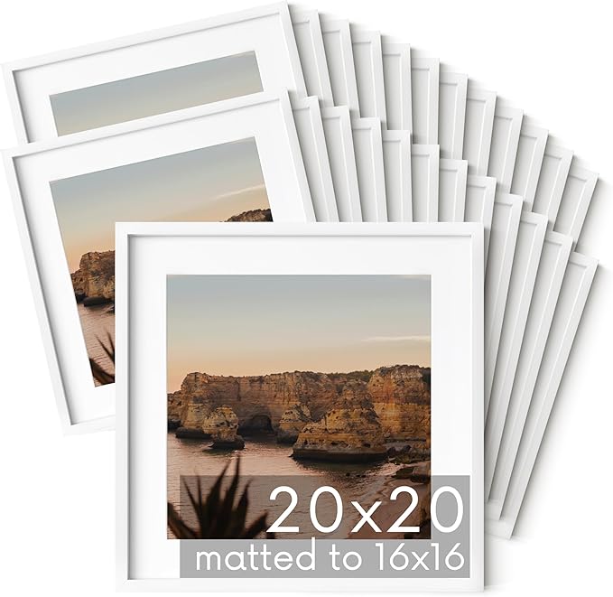 HAUS AND HUES 20x20 White Metal Picture Frames Matted to 16x16 - Features Premium Aluminum & Hanging Hardware, Shatterproof Plexiglass - Ideal for Home, Room, Office (20x20 in, White, Set of 25)