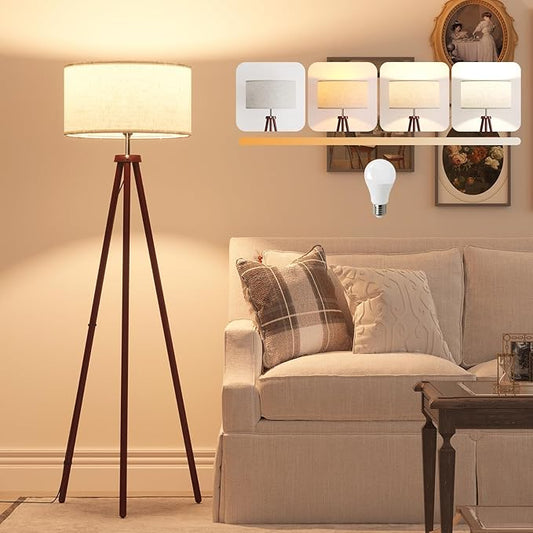LiteHistory Wood Tripod Floor Lamps for Bedroom, Living Room, and Office, Corner lamp with Beige Linen Shade, 12W Three-Color Bulb Included, Pull Chain Switch, Gifts for mom for Home Decor, Walnut