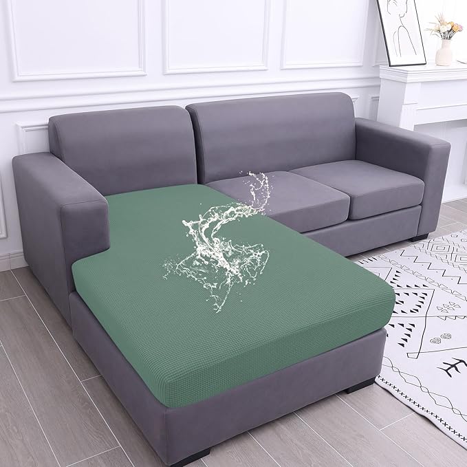 hyha Waterproof Sectional Couch Covers, Non Slip Sofa Couch Cushion Covers L Shape, Thick Stretch Jacquard Fabric, Washable Sofa Slipcovers with Elastic Bottom (1 Piece for Chaise, Green)
