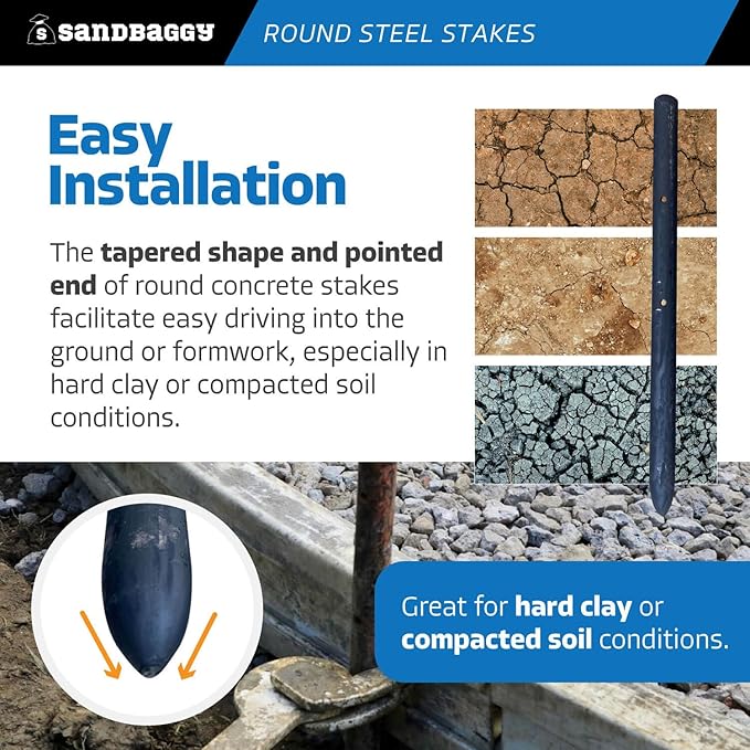 Sandbaggy Round Steel Concrete Form Stakes with Nail Holes - Rust Resistant Coating - Removable, Reusable (80, 3/4 in X 12 in)