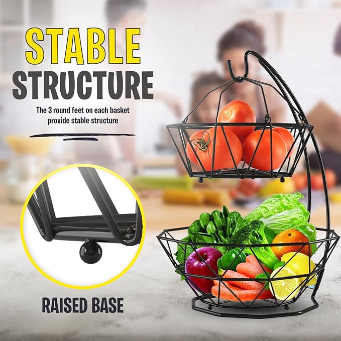 Fruit Basket with Banana Hanger and Fruit Bowl. Kitchen Counter Fruit Bowl with Banana Holder used as Bread, Vegetable or Produce Basket, Egg Holder, 2 Tier