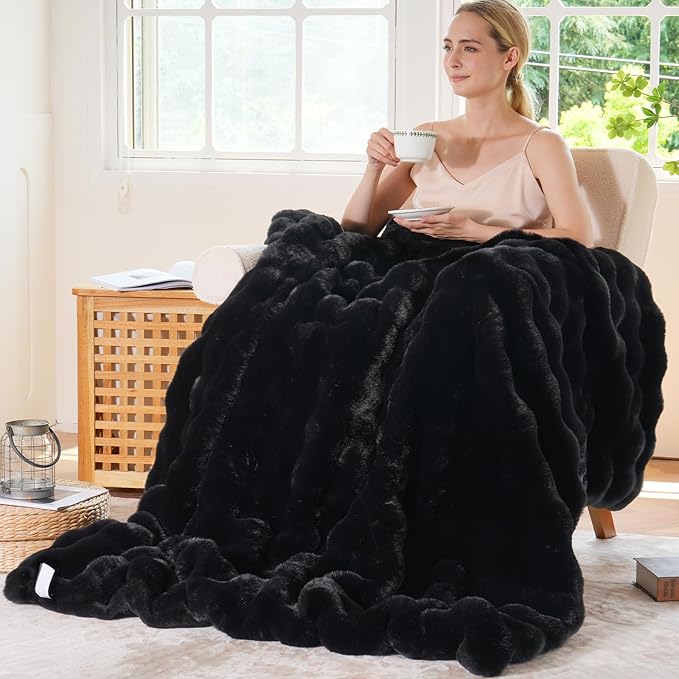 BENVWE Faux Fur Throw Blanket for Couch Bed - Fluffy Soft Thick Bubble Blanket for Living Room Home Decor - Fathers Day Birthday Gifts for Women Men, Black, 60" x 80"